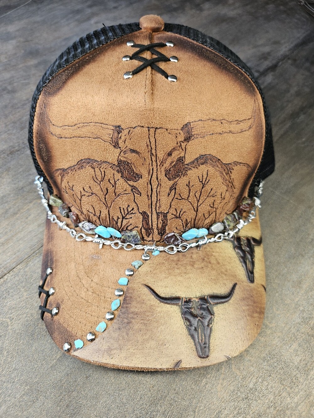 NWT Black And Tan Suede Trucker Hat Hand Burned With Genuine Leather